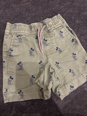 Baby GAP Disney Olive Green Shorts with Navy Mickey Print and Pink Drawstring